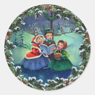CAROLERS & FIR WREATH by SHARON SHARPE Classic Round Sticker