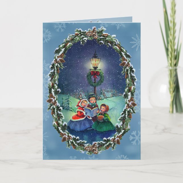 CAROLERS, LAMP & WREATH by SHARON SHARPE Holiday Card (Front)