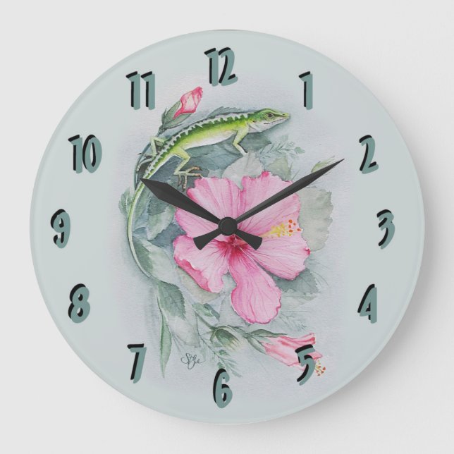 Carolina Anole & Hibiscus  Large Clock (Front)