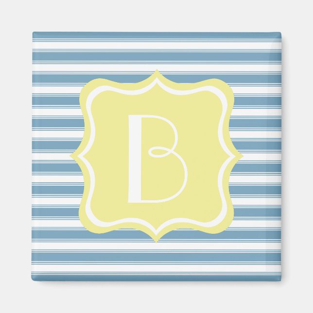 Carolina Blue and Butter Yellow Stripe Monogram Magnet (Front)