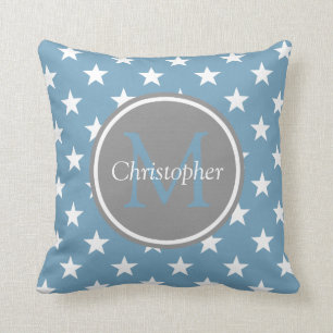 Carolina Blue and Dove Grey Stars Monogram Cushion