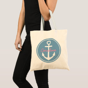 Carolina Blue and White Anchor with Happy Pink Tote Bag