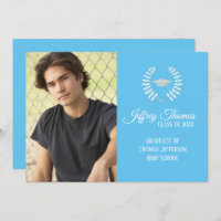 Carolina Blue Cap & Leaves Grad Invitation 5" x 7"