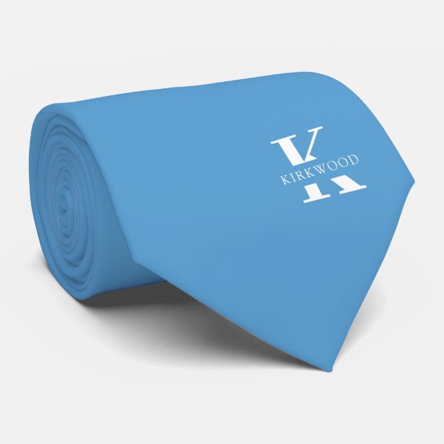Carolina Blue | Elegant Monogram + Name |One-Sided Tie (Rolled)