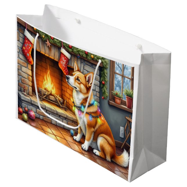Carolina Dog Fireplace with Christmas Lights Large Gift Bag (Front Angled)