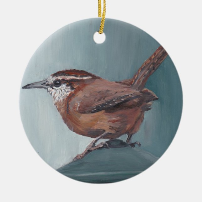 Carolina Wren Bird Art Round Porcelain Ornament (Front)