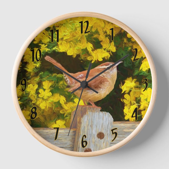 Carolina Wren Painting - Original Wild Bird Art Clock (Front)