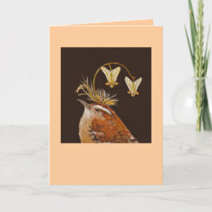 Carolina wren with Dutchman's britches hat card