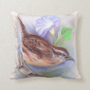 Carolina Wren with Morning Glory Flowers Cushion
