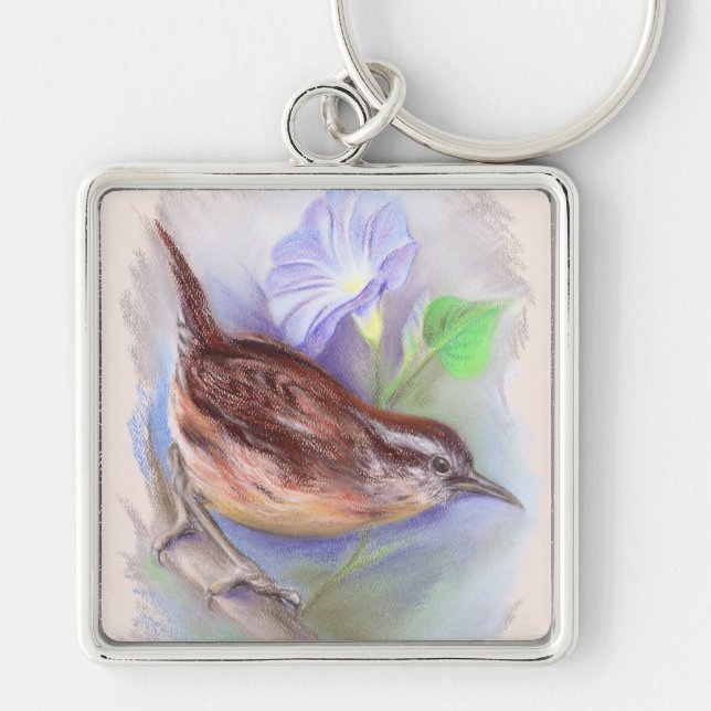Carolina Wren with Morning Glory Flowers Key Ring (Front)