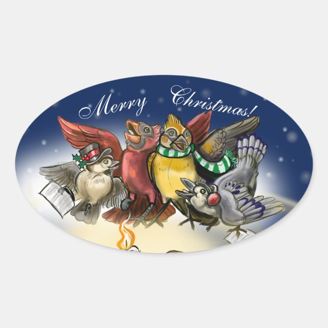 Caroling Birds Christmas Oval Sticker (Front)