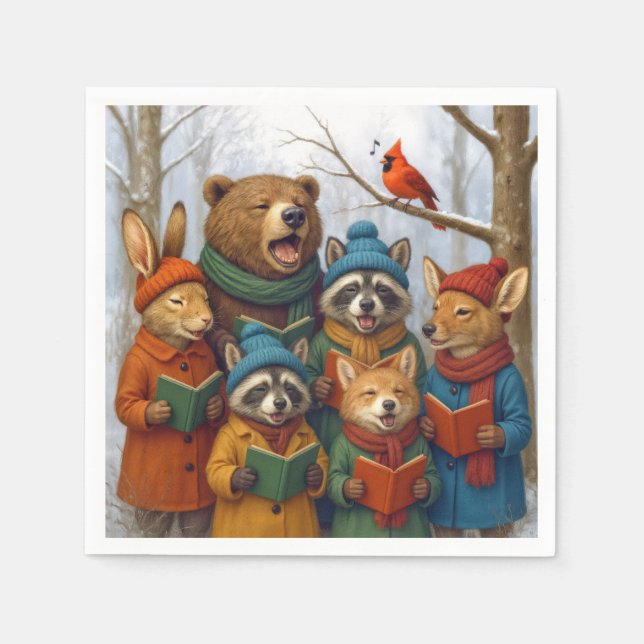 Caroling Christmas Forest Animals  Napkin (Front)