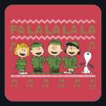 Caroling Christmas Sweater Graphic Square Sticker<br><div class="desc">Check out Sally,  Linus,  Charlie Brown,  Lucy,  and Snoopy caroling in this "Christmas Sweater" style graphic.</div>