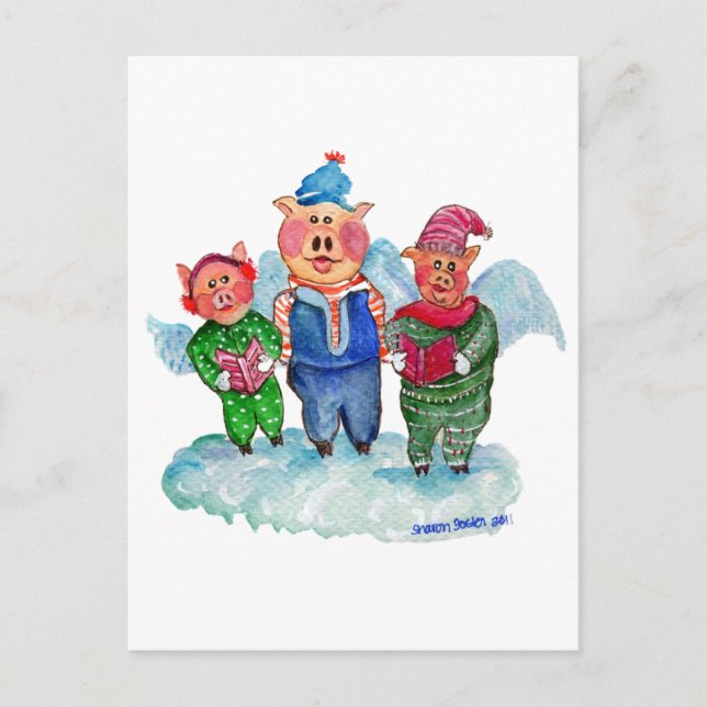 Caroling Flying Pigs Postcard (Front)