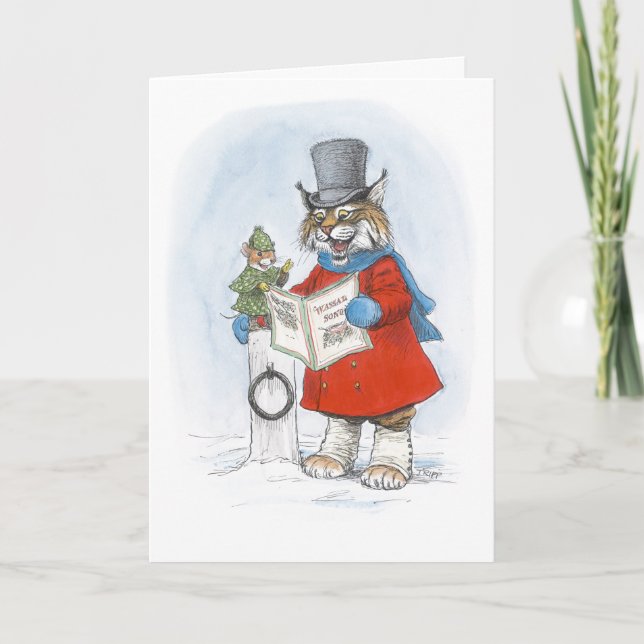 Caroling Lynx and Mouse Christmas Card (Front)