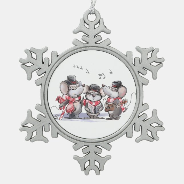 Caroling Mic, Mac & Moe Pewter Snowflake Ornament (Front)