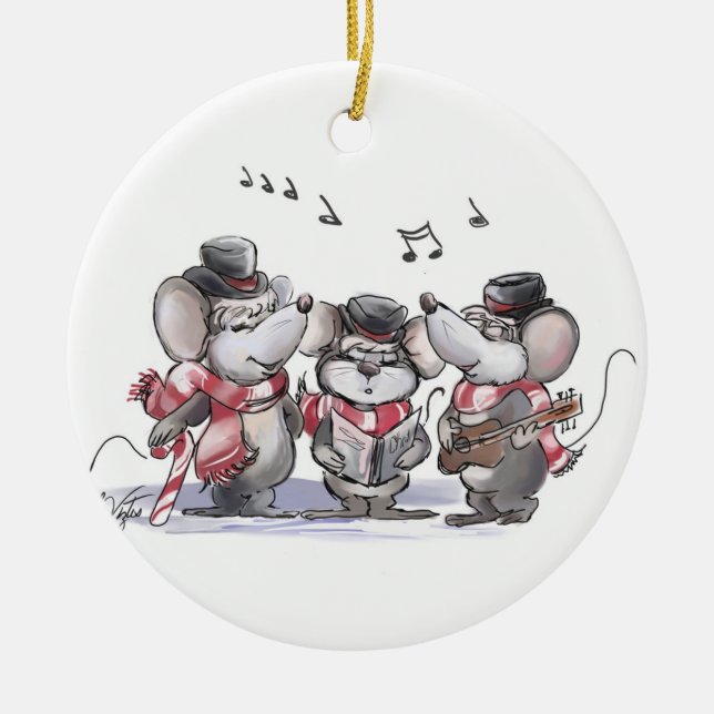 Caroling with Mic, Mac & Moe Round Ornament (Front)