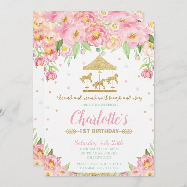 Carousel 1st Birthday Pink Floral Gold Girl Invitation (Front/Back)