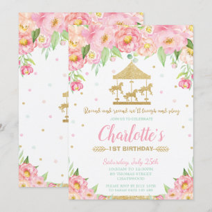 Carousel 1st Birthday Pink Floral Gold Girl Invitation
