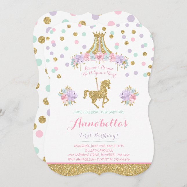 Carousel Birthday Invitation Floral Pink Mint Gold (Front/Back)