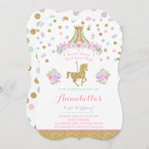 Carousel Birthday Invitation Floral Pink Mint Gold