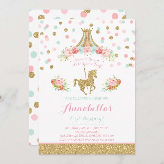 Carousel Birthday Invitation Floral Pink Mint Gold (Front/Back)