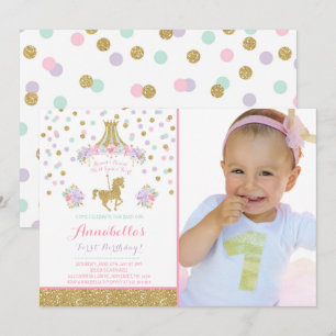 Carousel Birthday Invitation Floral Pink Mint Gold