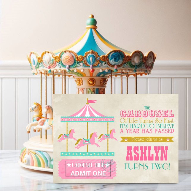 Carousel Birthday Party Invitation (Carousel, the perfect invite for a young child that is growing quickly, front view.)