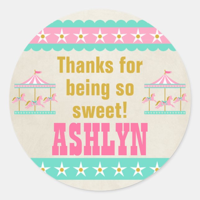 Carousel Birthday Party Personalised Classic Round Sticker (Front)