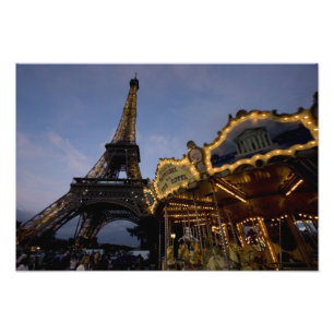 Carousel by the Eiffel Tower in the evening, Photo Print
