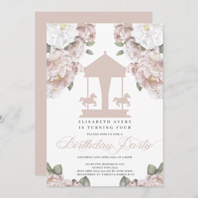 Carousel Floral Soft Pink Birthday Invitation (Front/Back)