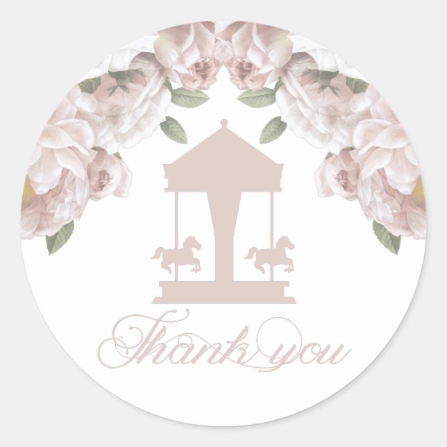 Carousel Floral Soft Pink Thank you Classic Round Sticker (Front)