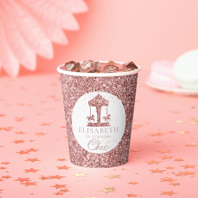 Carousel Glitter Personalised First Birthday Paper Cups (Insitu)