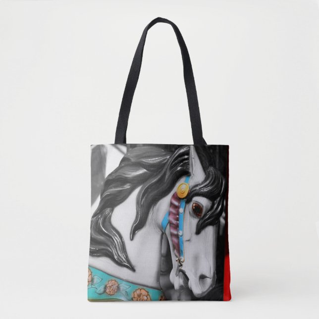 Carousel Horse Black And White Partial Colour  Tote Bag (Front)