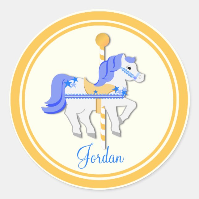Carousel Horse Blue Gold Stars Classic Round Sticker (Front)