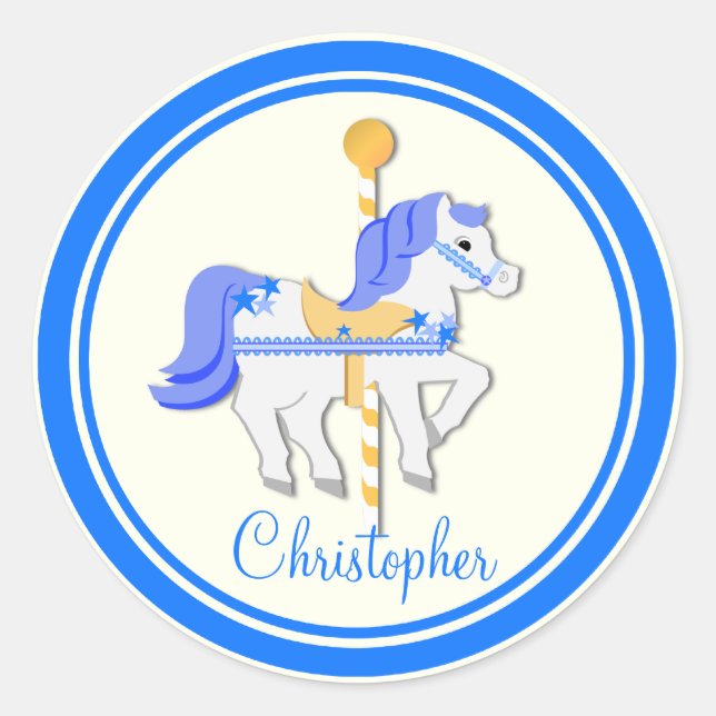 Carousel Horse Blue Gold Stars Classic Round Sticker (Front)