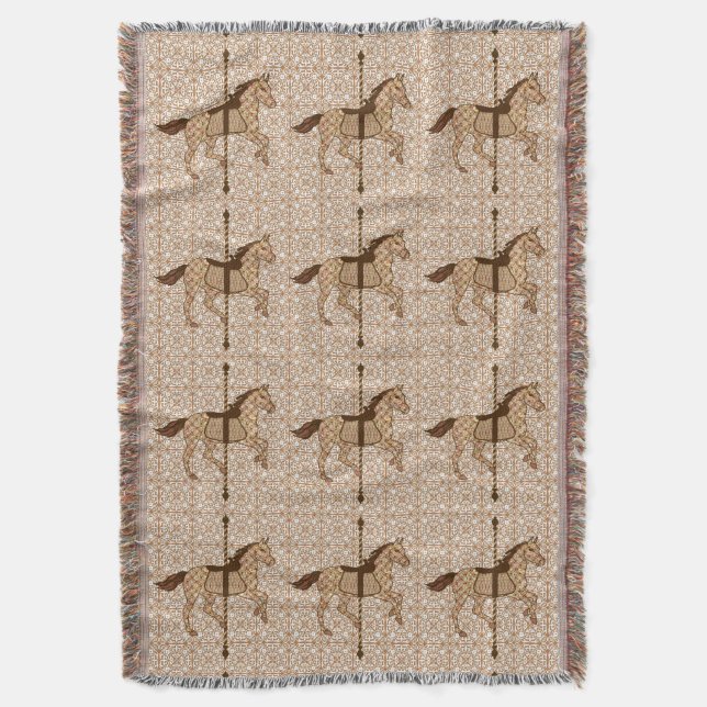 Carousel Horse - Chocolate Brown and Tan Throw Blanket (Front Vertical)