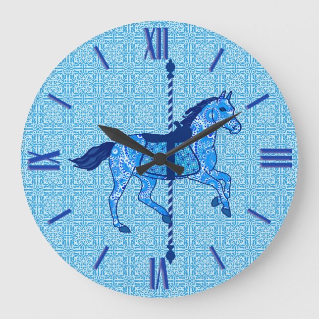 Carousel Horse - Cobalt and Sky Blue Large Clock (Front)