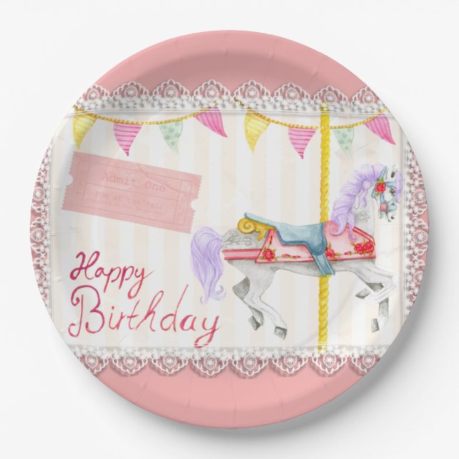 Carousel Horse (Pink) Birthday Paper Plate (Front)