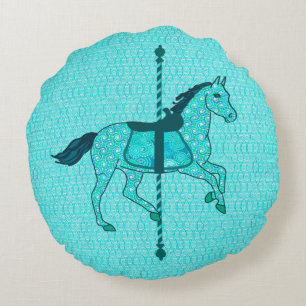 Carousel Horse - Turquoise and Aqua Round Cushion