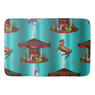 Carousel Horses on Blue Bath Mat