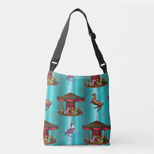 Carousel Horses on Blue Crossbody Bag (Front)