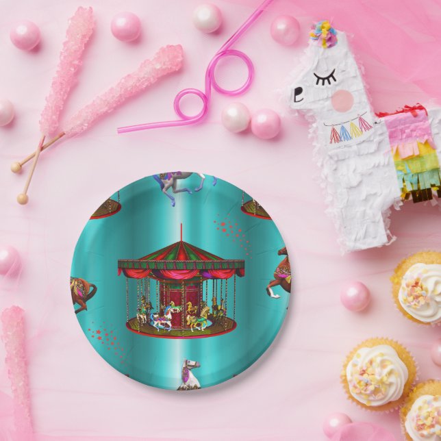 Carousel Horses on Blue Paper Plate (Party)