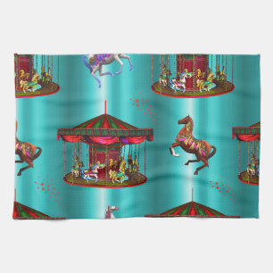 Carousel Horses on Blue Tea Towel