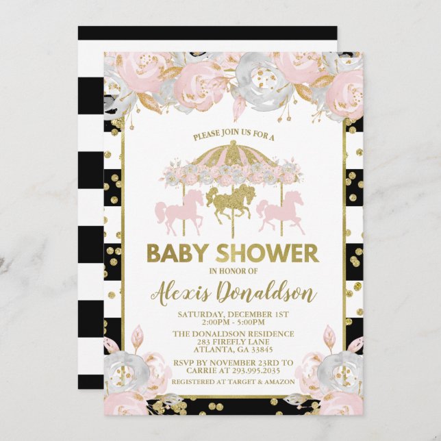 Carousel Pink and Gold Baby Shower Invitation (Front/Back)