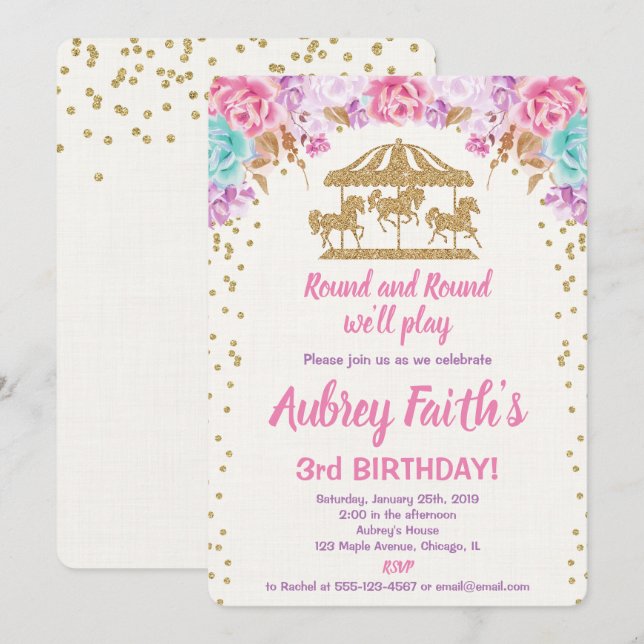 Carousel pink and gold birthday invitation girl (Front/Back)