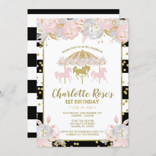 Carousel pink and Gold First Birthday Invitation