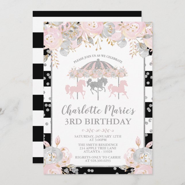 Carousel pink and silver birthday invitation (Front/Back)