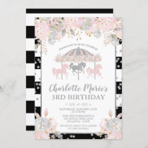 Carousel pink and silver birthday invitation