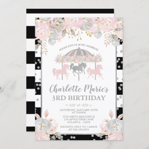 Carousel pink and silver birthday invitation